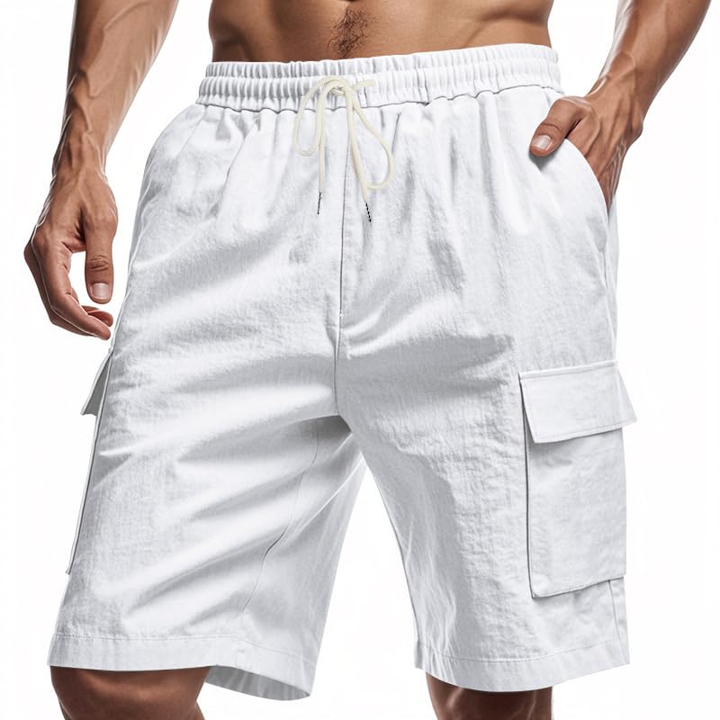 Men Linen Summer Shorts Solid Color Elastic Waist Drawstring Beach Pants Casual Fashion Loose Bermuda Shorts