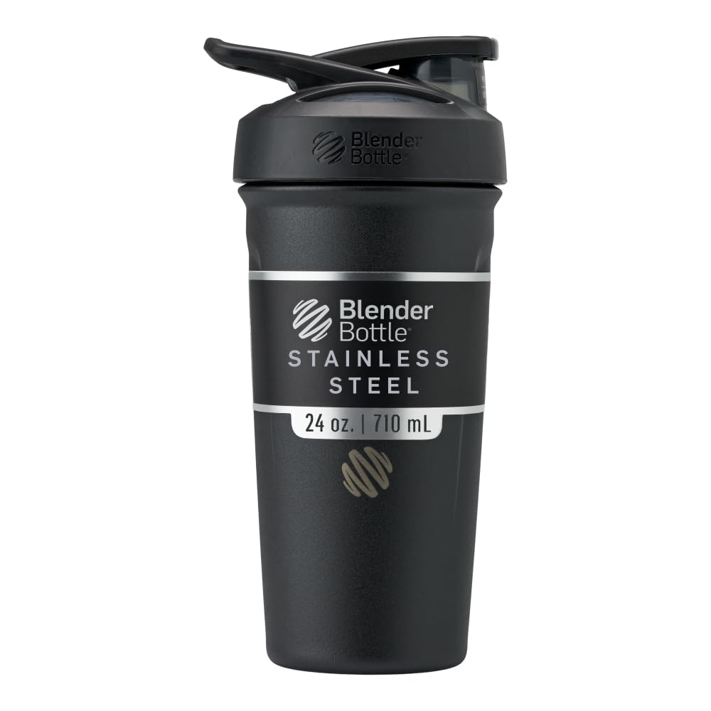 Blender Bottle Strada Shaker Cup Insulated Stainless Steel Water Bottle with Wire Whisk, 24-Ounce, Black