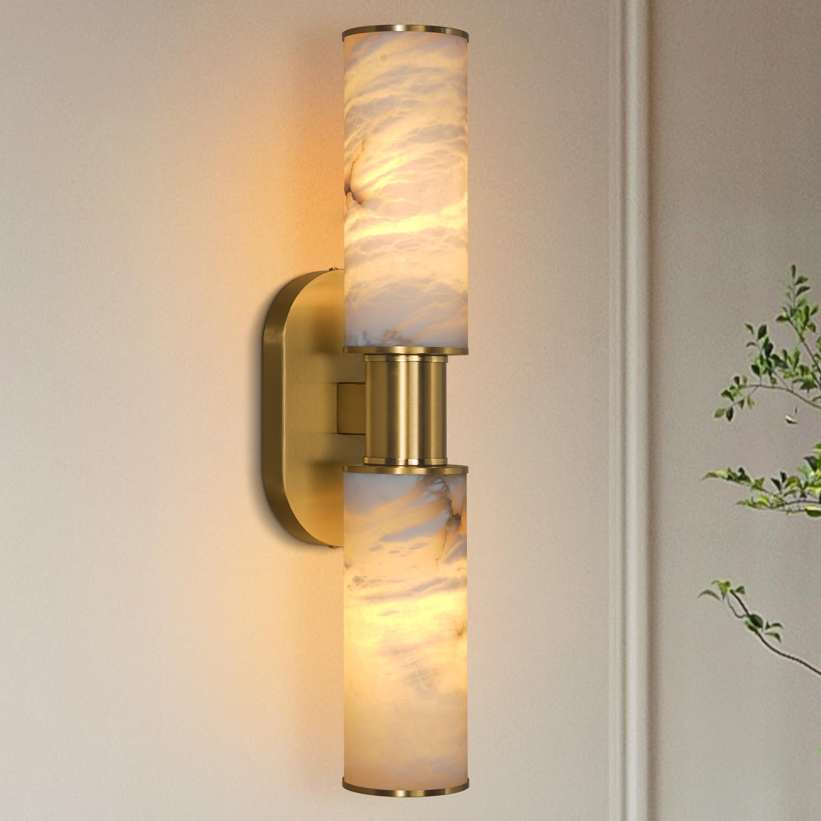 22.2" Alabaster Wall Sconce Set of 2, Brass Bathroom Wall Sconce, Spanish Natural Marble Sconces Modern Wall Lights Lamps for Bedroom Living Room Stairs Indoor Hallway Vanity, Gold