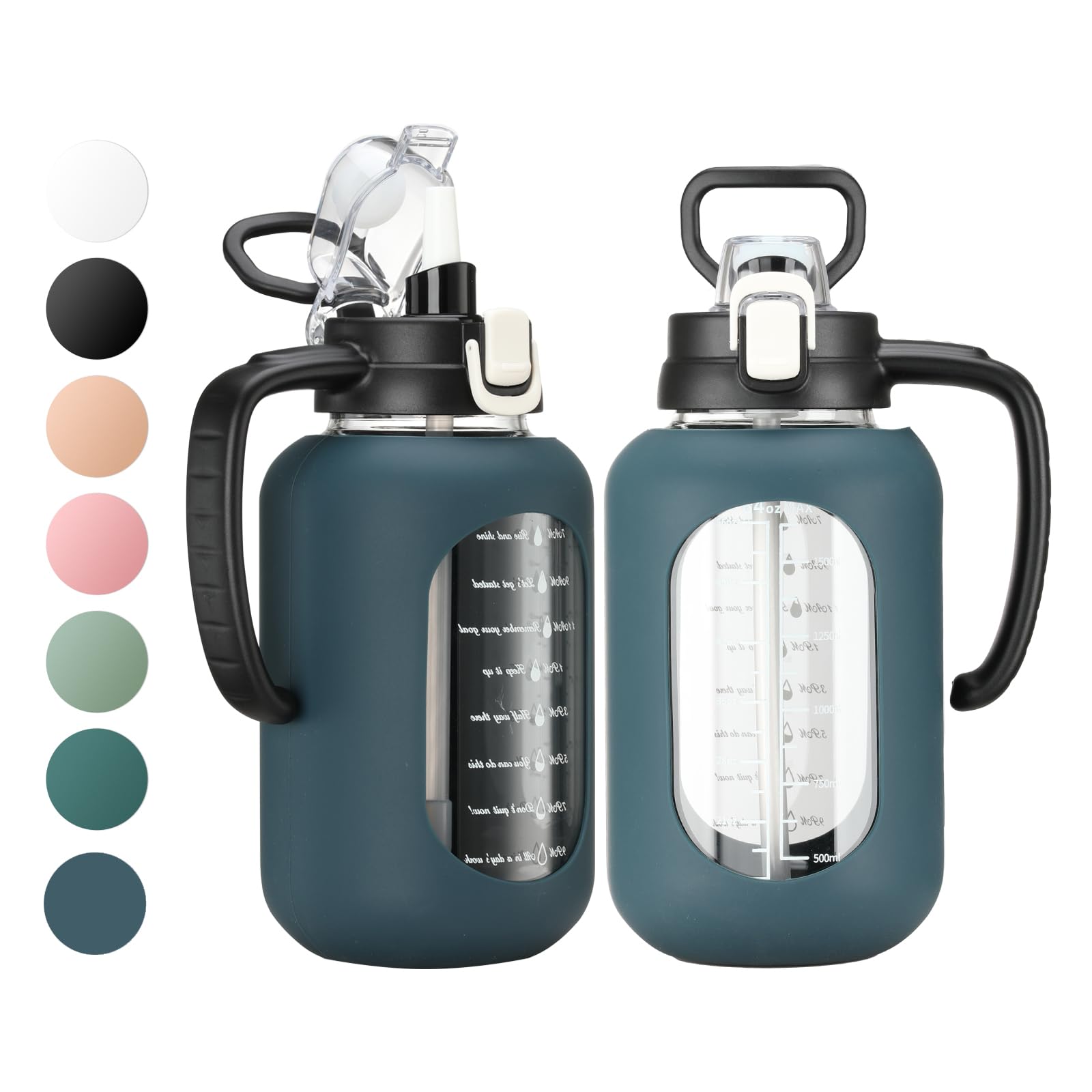 64 oz Glass Water Bottle with Straw and Handle Half Gallon Water Jug with Silicone Sleeve Large Water Bottle for Office, Gym, Outdoor Sports