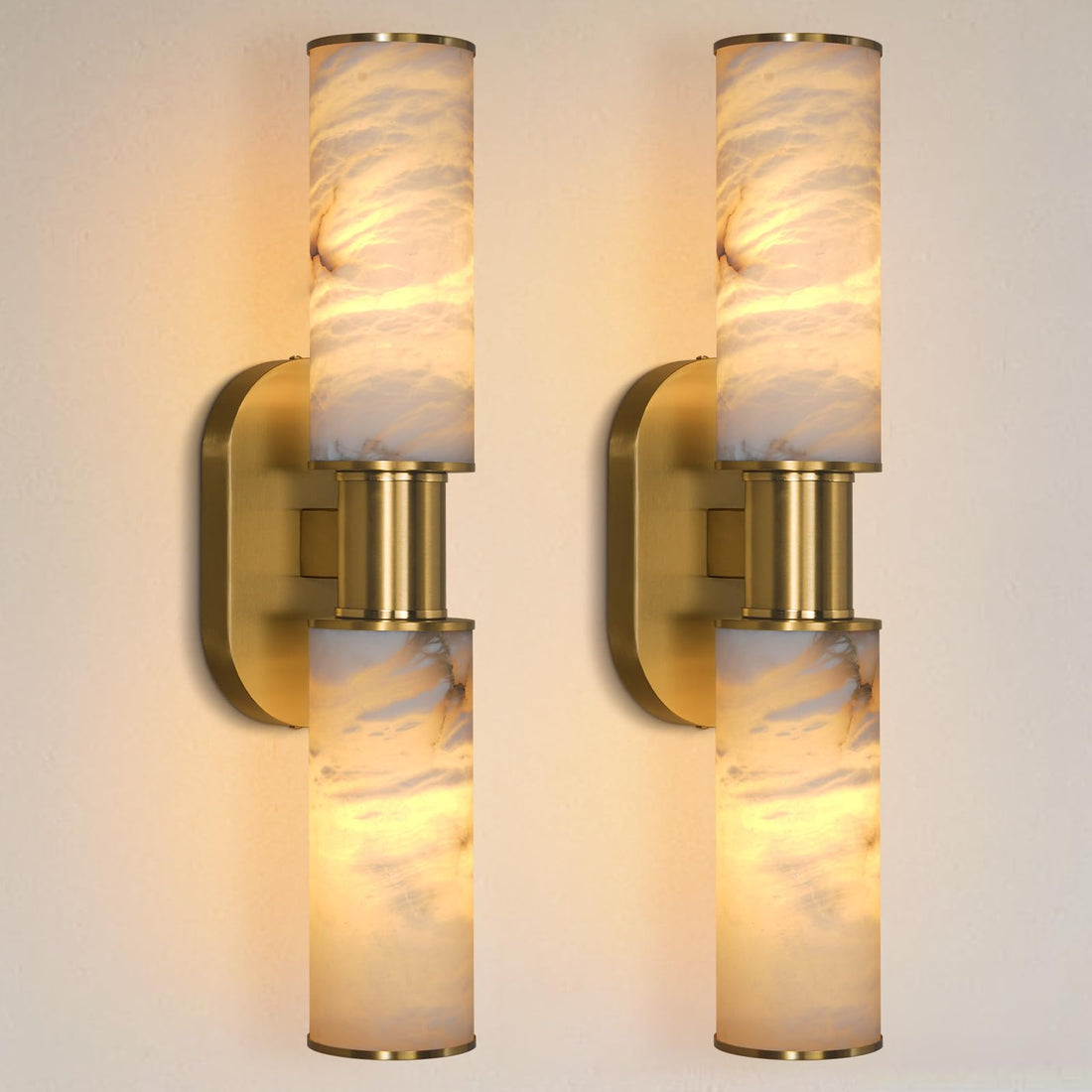 22.2" Alabaster Wall Sconce Set of 2, Brass Bathroom Wall Sconce, Spanish Natural Marble Sconces Modern Wall Lights Lamps for Bedroom Living Room Stairs Indoor Hallway Vanity, Gold