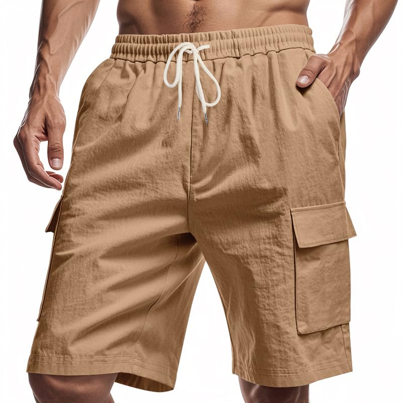 Men Linen Summer Shorts Solid Color Elastic Waist Drawstring Beach Pants Casual Fashion Loose Bermuda Shorts