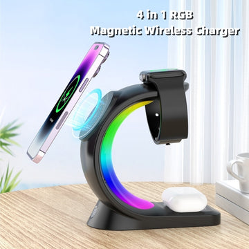 4-in-1 Magnetic Wireless Charging Station with Fast Charging & LED Atmosphere Light | Charger for iPhone, Apple Watch & AirPods Pro