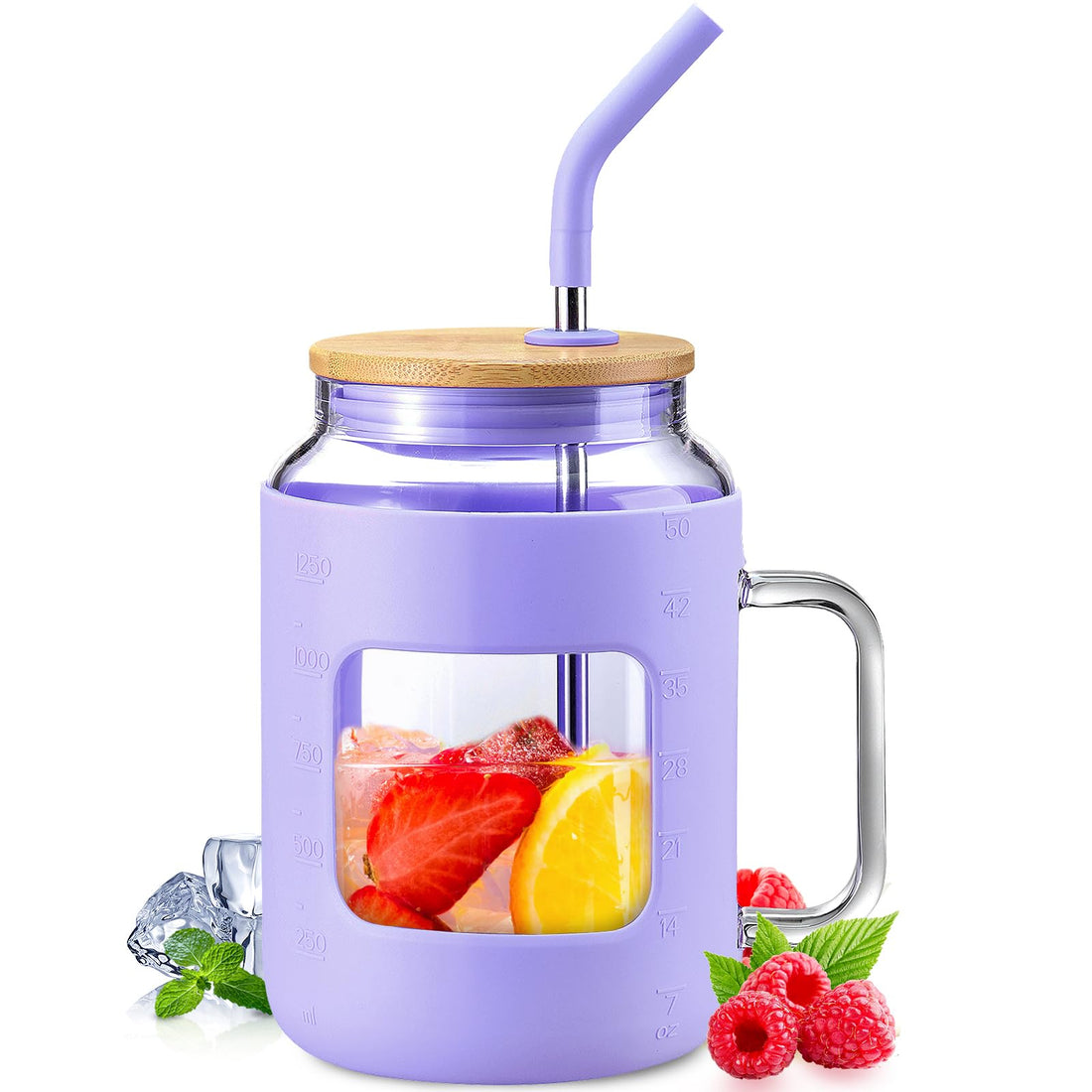 50 oz Glass Water Bottles with Silicone Sleeve,Glass Tumbler with Lid and Straw,Iced Coffee Cup with Handle,BPA Free-Black