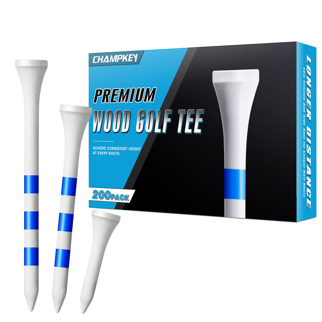 CHAMPKEY Premium Wood Golf Tees 200 Count - 3 Line Marking System Golf Wood Tees - Achieve Consistent and Long Distance Shot