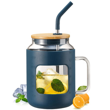 50 oz Glass Water Bottles with Silicone Sleeve,Glass Tumbler with Lid and Straw,Iced Coffee Cup with Handle,BPA Free-Black