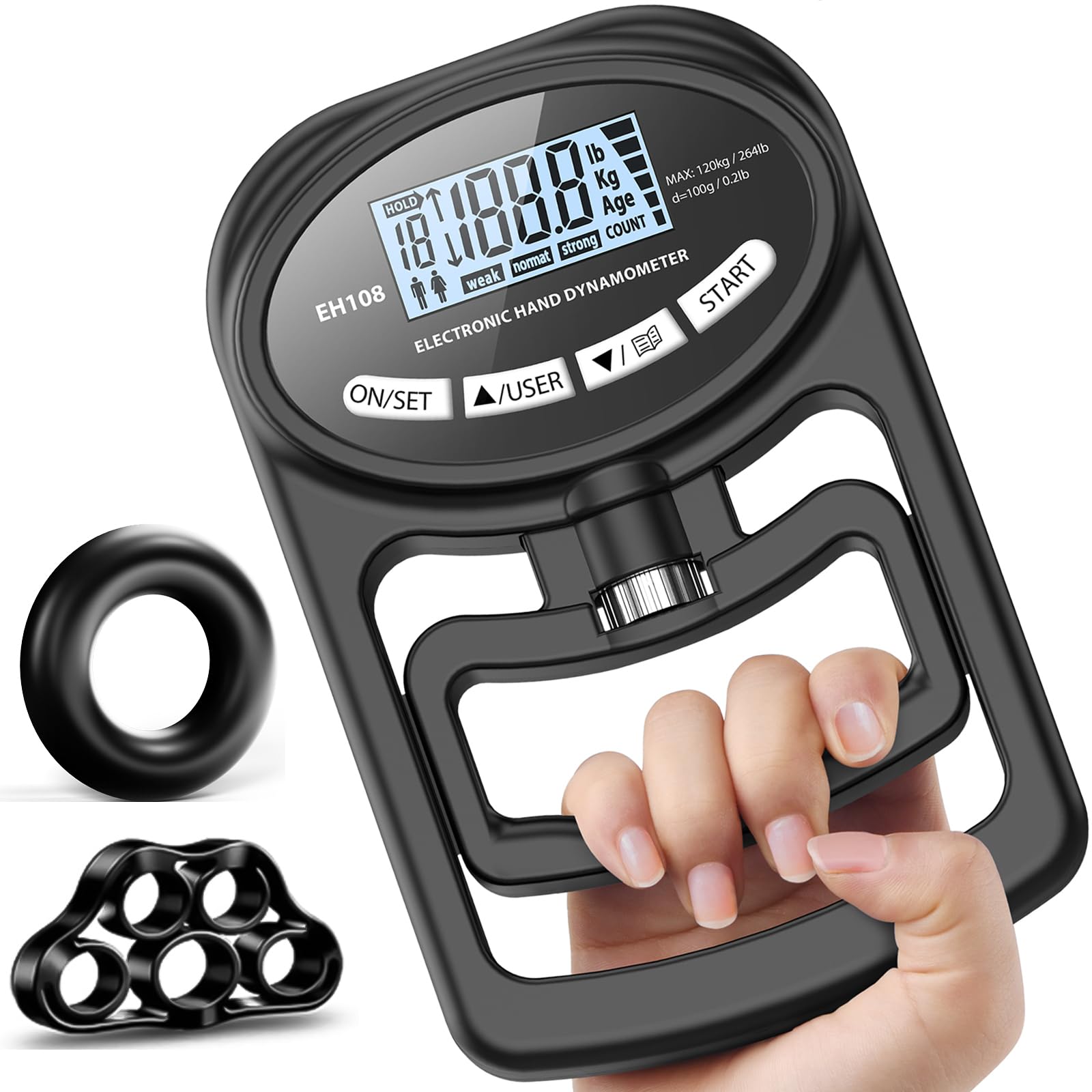 Hand Grip Strength Tester Trainer - Electronic Hand Dynamometer Forearm Grip Strengthener Exerciser Digital Training Gauge 265 Lbs 120 Kgs for Sport Home School Use