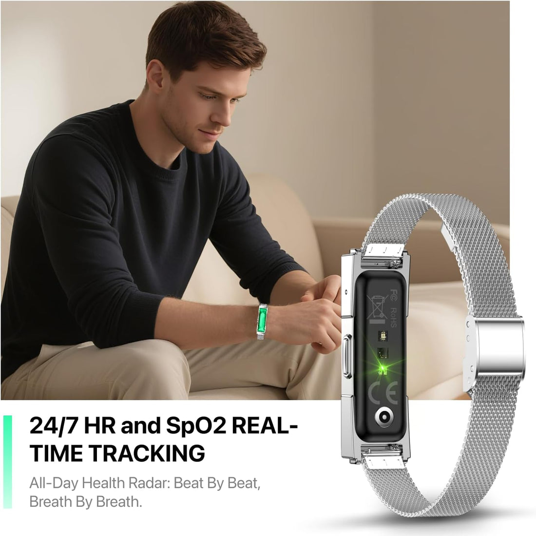 Smart Health Wristband, Wearable Activity & Fitness Tracker Band, 24/7 Sleep Tracker, All-Day Automatic Continuous Heart Rate Tracking, HRV Monitor, Blood Pressure, Stress, 2 Bands, with Free APP