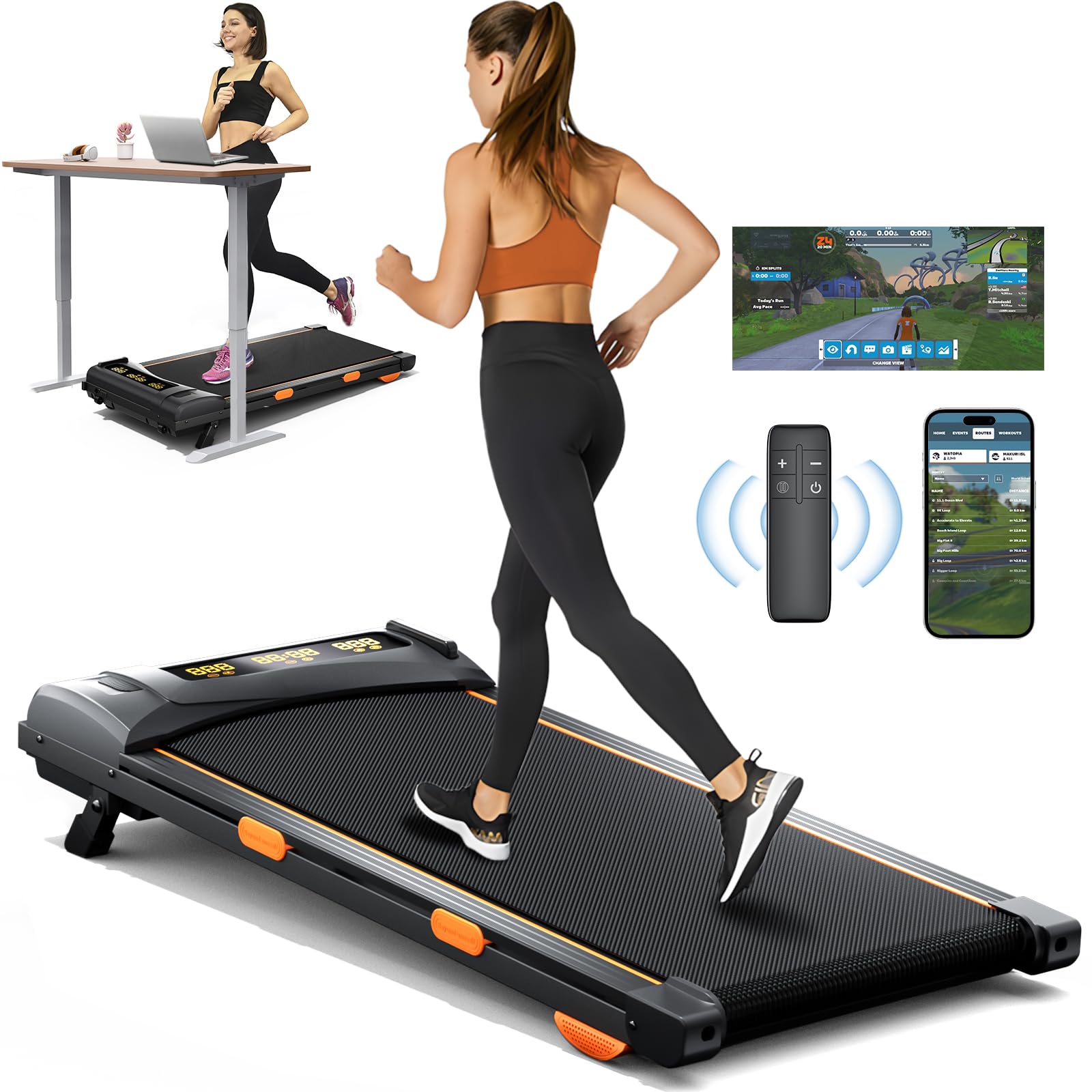 Walking Pad Treadmill With Incline, Under Desk for Home Office, Portable 2.5HP, 300 lbs Capacity, APP/Remote Control, LED Displays, Manual Incline(M)