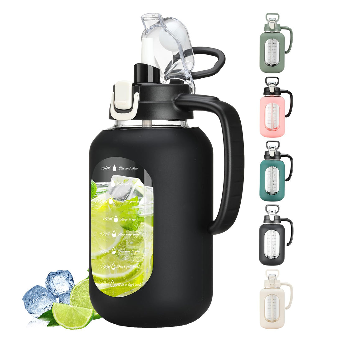 64 oz Glass Water Bottle with Straw and Handle Half Gallon Water Jug with Silicone Sleeve Large Water Bottle for Office, Gym, Outdoor Sports