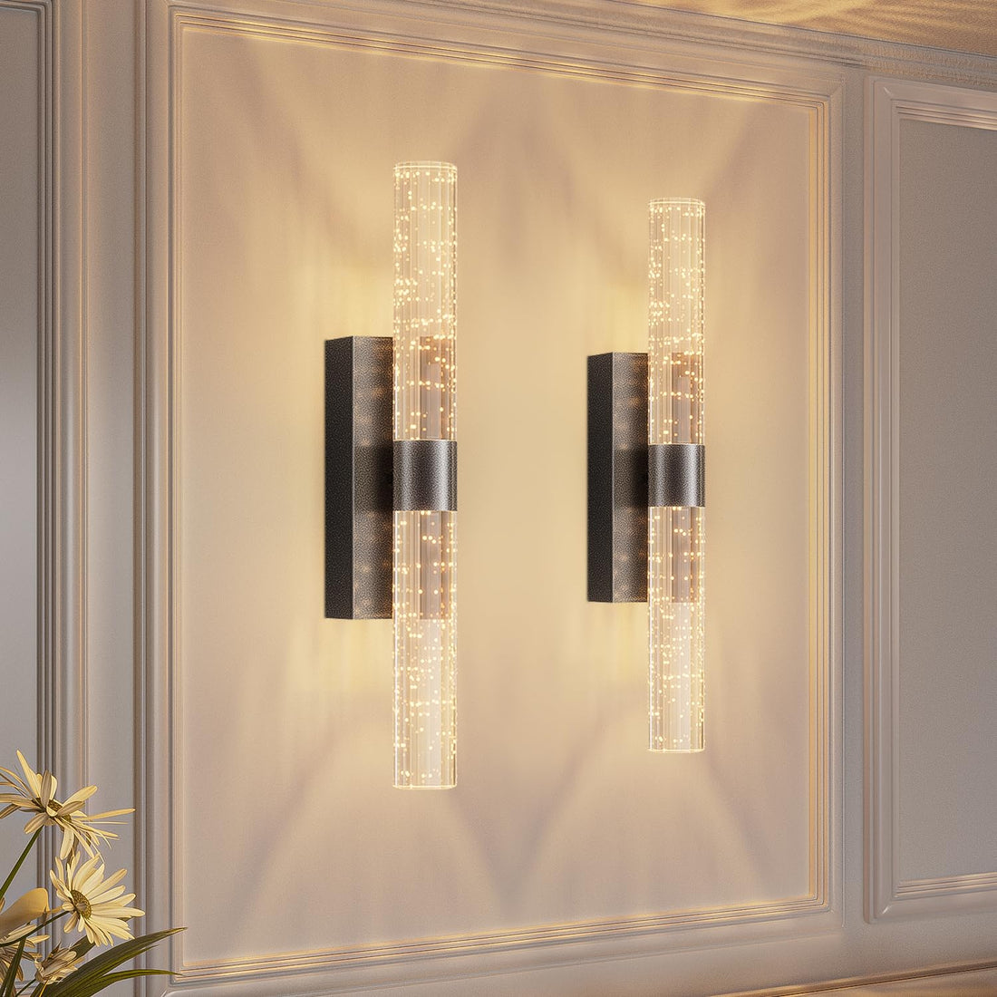 camuucci Battery Operated Black Wall Sconces Set of 2 Rechargeable Battery Powered Wall Light with 12000mAh Indoor Not Hardwired Dimmable Wall Lamp Fixtures for Bedroom Living Room 15.3 Inches