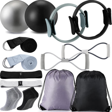 Poen Pilates Ring and Ball Set for Women Pilates Ring Circle Ball with Stretching Strap 8 Resistance Bands Non Slip Socks Gym Back Bags Exercise Equipment for Workout