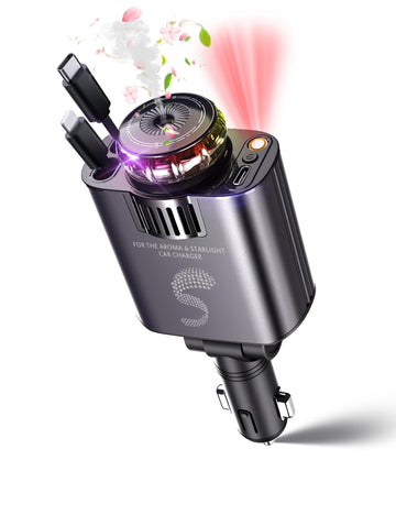 Retractable Car Charger USB C Fast Charging 120W, Car Accessories Cigarette Lighter Adapter with Aromatherapy Starlight, Car Charger iPhone16 15 14 13 12 11 Essentials Gift for Travelers, Men, Women