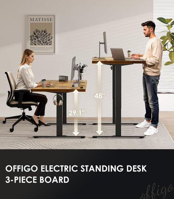 OffiGo Electric Standing Desk with 3-Piece Board, 71 Inch Height Adjustable Large Desk with Power Outlets, Sit Stand Table, Writing Computer Desk for Home, Office, Workstation, Rustic Brown