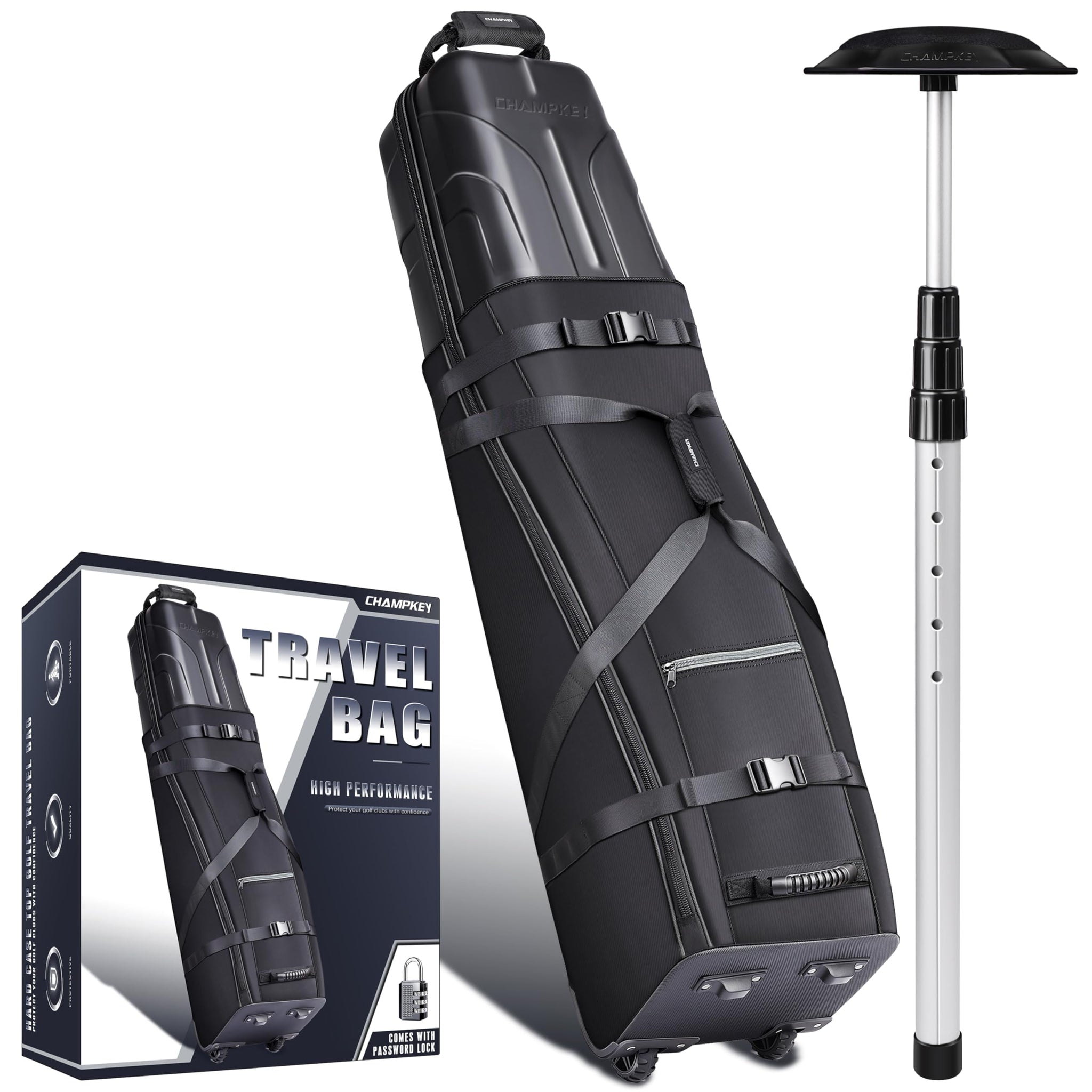 CHAMPKEY Premium Golf Travel Bags for Airlines with Password Lock - Hard Case Top Golf Travel Bag with Premium Oxford Fabric and Oversized Wheels