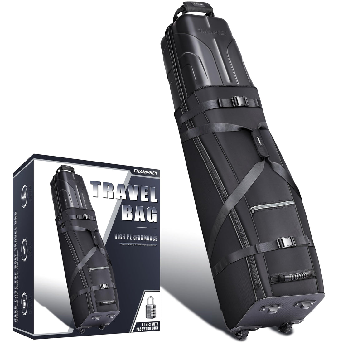 CHAMPKEY Premium Golf Travel Bags for Airlines with Password Lock - Hard Case Top Golf Travel Bag with Premium Oxford Fabric and Oversized Wheels