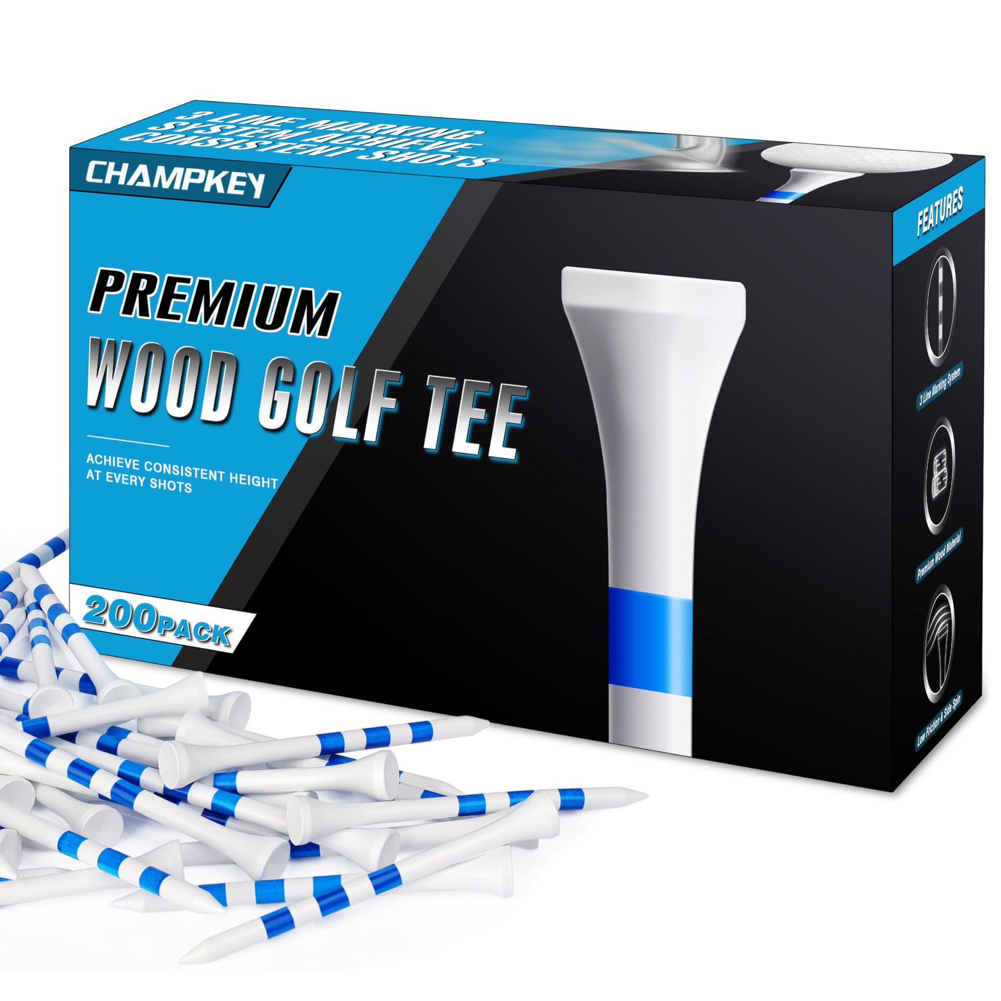 CHAMPKEY Premium Wood Golf Tees 200 Count - 3 Line Marking System Golf Wood Tees - Achieve Consistent and Long Distance Shot