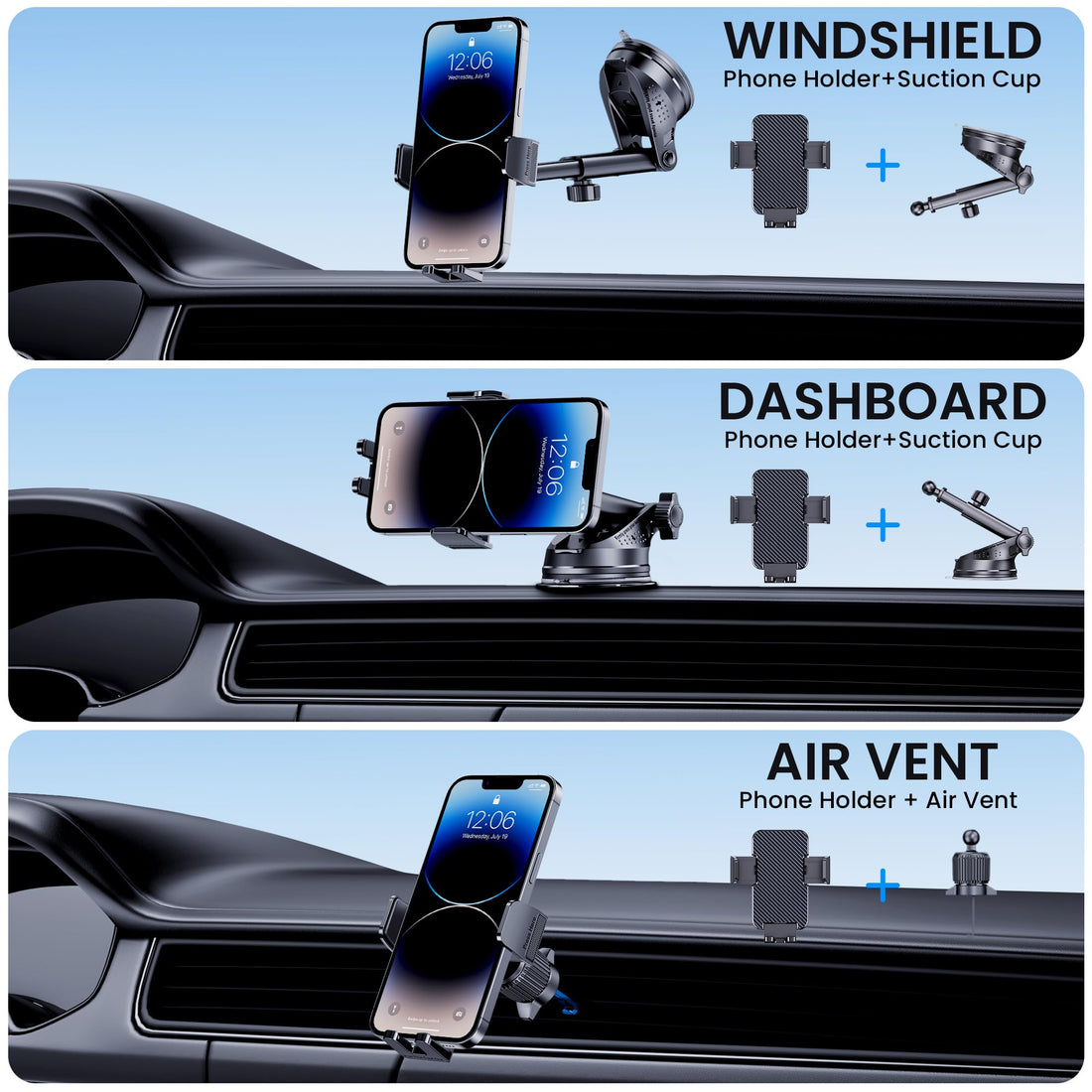 Phone Holder Car [Military-Grade Suction] Universal Car Phone Holder [Thick Case Friendly] Automobile Accessories Dashboard Air Vent Windshield Phone Mount Fit for iPhone Android Smartphones