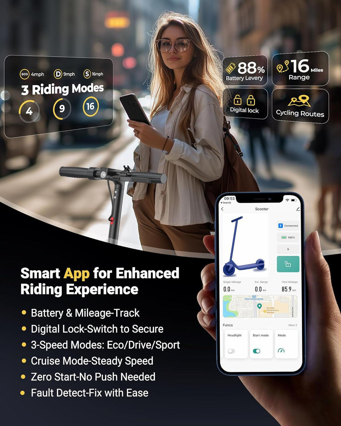 Electric Scooter for Adults & Teens, 350W Motor Up to 16 MPH, 12 Miles Range, 8.5" Honeycomb Tires, APP Control, Foldable E-Scooter with Dual Braking & LED Display, Lightweight Commuting Scooter