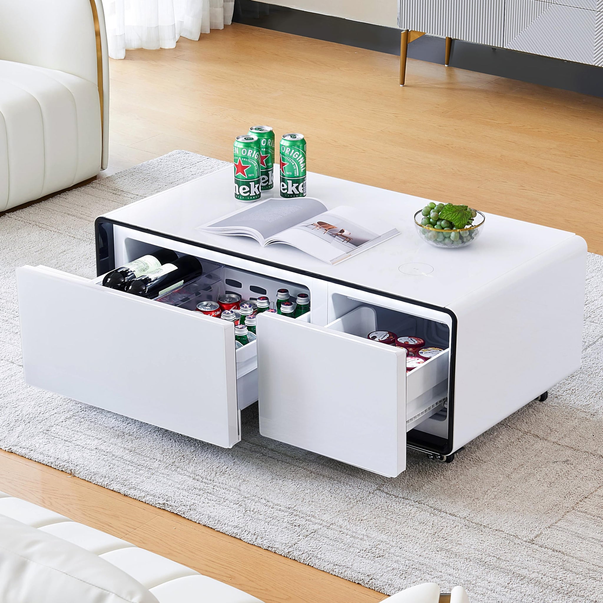 Smart Coffee Table with Fridge, 90L Smart Table with Built in Fridge, Wireless Charger, USB Port, for Living Room Reception Room, 41.54" D x 23.03" W x 18.1" H, White