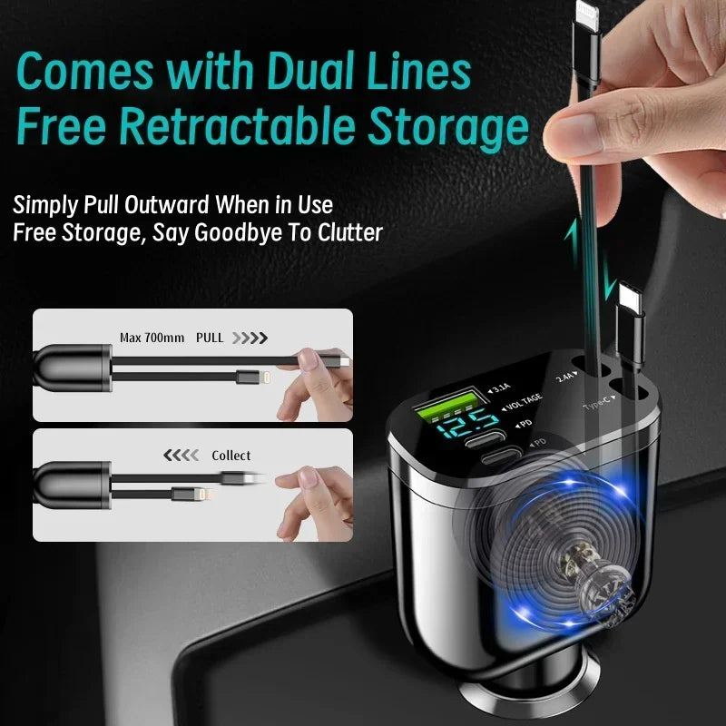Ultra-Fast 5-in-1 USB Car Charger with Smart Voltage Display & Dual PD Ports