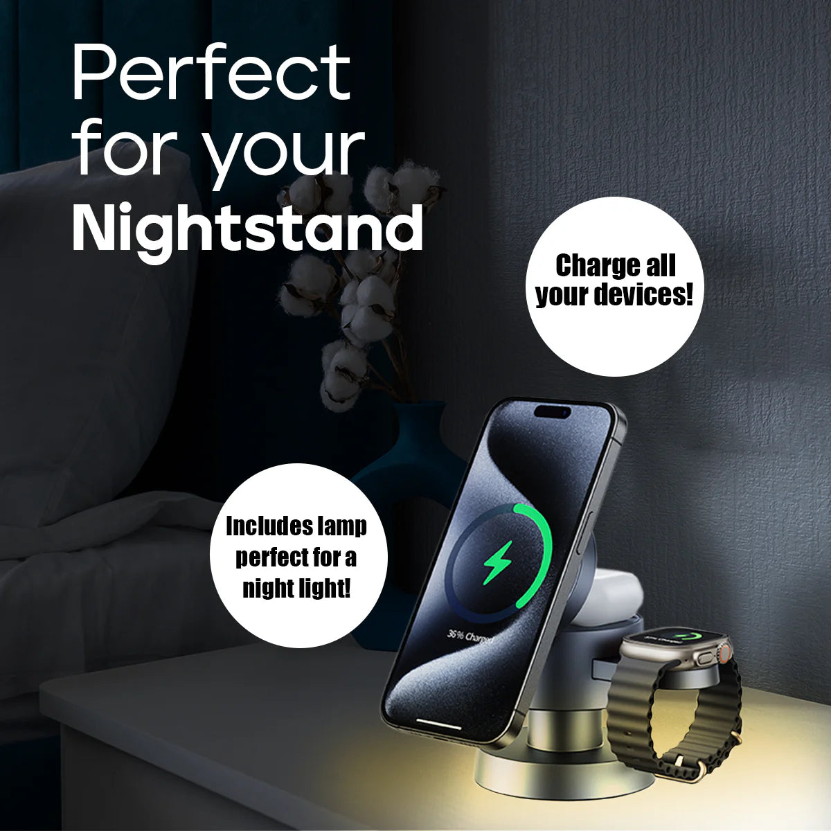 Mushroom Style 4-In-1 Wireless Charging Stand with Lamp